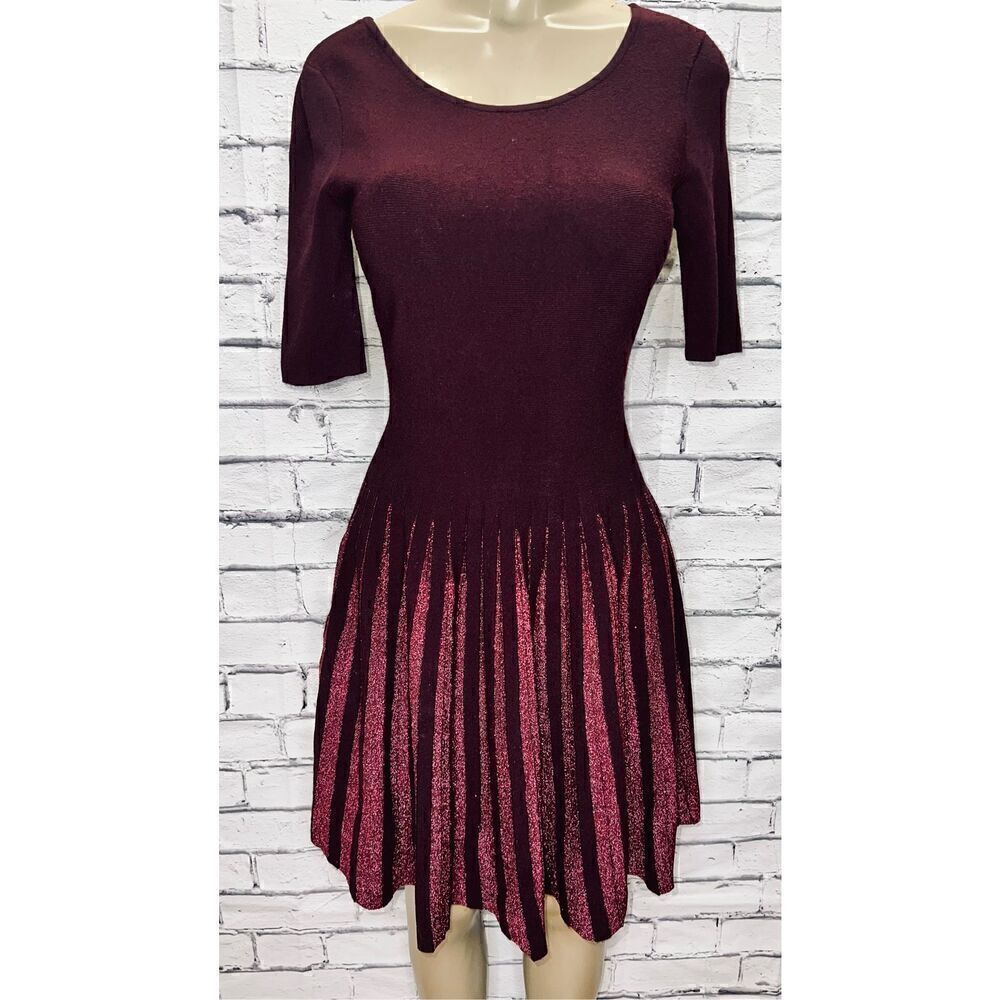 MILLY Scoop-Neck Elbow-Sleeve Fit-and-Flare Metallic Pleated Dress